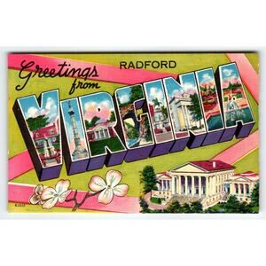 Greetings From Radford Virginia 1940's City Postcard Large Letter Linen Vintage